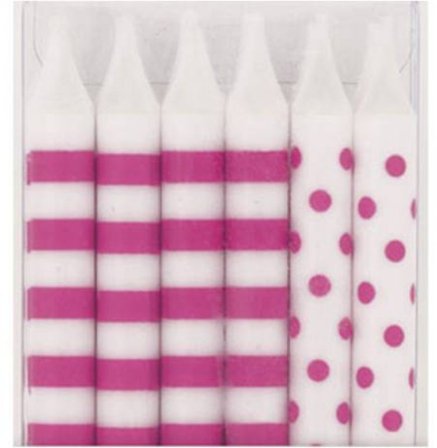 Tårtljus rosa prickar & ränder 12-pack