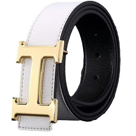 Ekte Lær Business Belte for Menn og Kvinner: Automatisk H Gullspenne med Flat Hvit Stil (FMY)