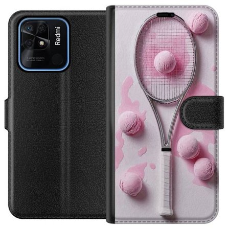 Kompatibel Tegnebogsetui til Xiaomi Xiaomi Redmi 10C Rosa glaskugler og tennisketsjer i et kreativt stillbillede med legende popfølelse og moderne de