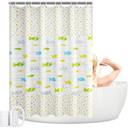 Vandtæt bruseforhæng i plastik med trykt mønster PEVA med øjer, badeforhæng til badeværelse (Små fisk, 180 x 200 cm)