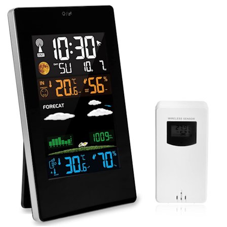 Den trådløse vejrstation er udstyret med en udendørs sensor, en multifunktionel digital farveskærm og et DCF-radiomodul.