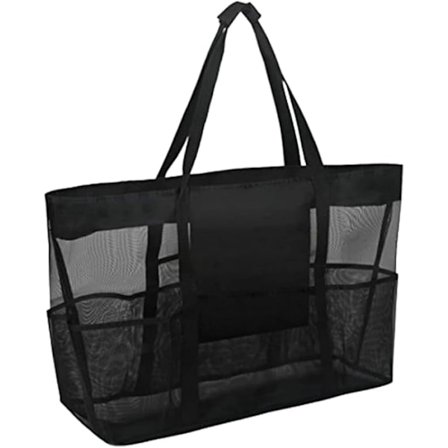 Strandveske i netting med flere lommer, stor kapasitet, skulderveske, PVC-handlenett, satchel