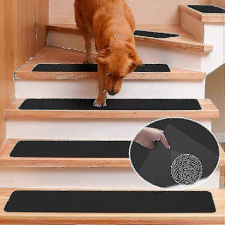 Gummi Trappetrin Tæppe Skridsikkert, Sorte Trappeløbere Til Trætrin, Genanvendelig Trappeløber, Maskinvaskbare Trappemåtter, Sort (30"