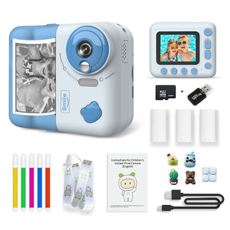 Barnas Instant Kamera 1080P Termisk utskrift digitalt kamera 32G kort, blå