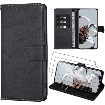 Etui til Xiaomi 12T Pro + 2 hærdede briller, fuld stødsikker tegnebog lædereffekt sort