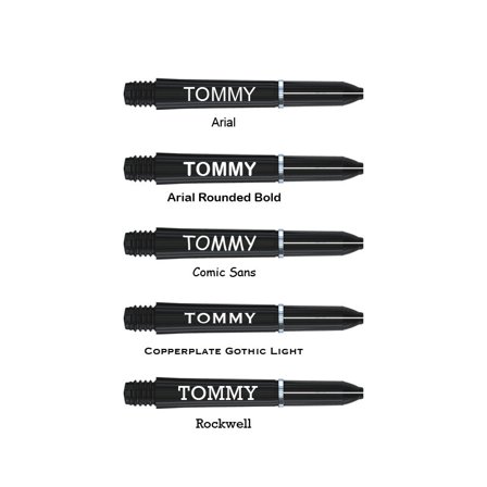 Red Dragon Darts Shafts Nylon Short 35mm 60 Pcs Personalised Flights for Darts Copperplate Gothic Light Arial Rounded Bold Comic Sans Rockwell