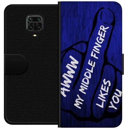 Yhteensopiva Lompakkokotelo Xiaomi Redmi Note 9 Pro Tumman typografinen illustraatio sydänmuodolla ja viesti ystävyydestä syvää sinistä puupinta