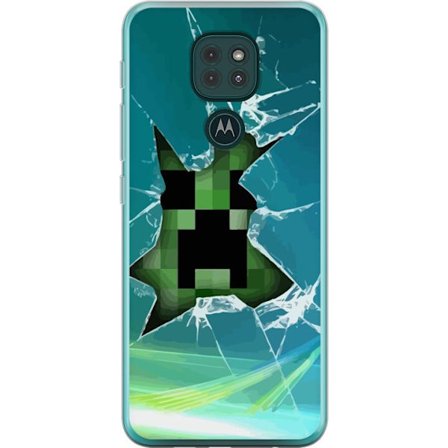 Kompatibelt Mobilskal till Motorola Motorola Moto G9 Play Minecraft Creeper genom krossat glas med dramatisk explosionseffekt där ikoniska Creeper br