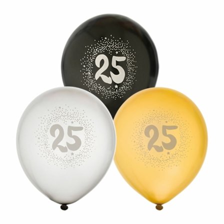 Ballong 12" 25års födelsedag siffra Vit/Guld/Svart 6-pack