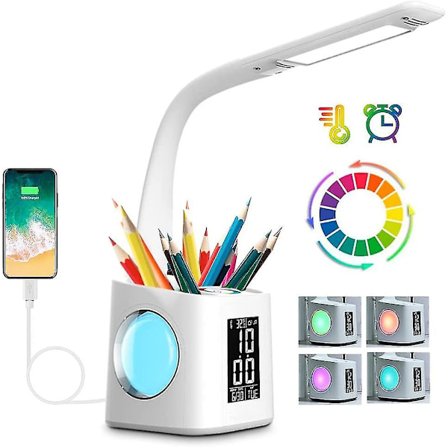 Led bordslampa med klocka, färgskiftande nattlampa, arbetslampa med pennhållare, skrivbordslampa med USB laddare, bordslampa för hem, kontor, sovrum, 