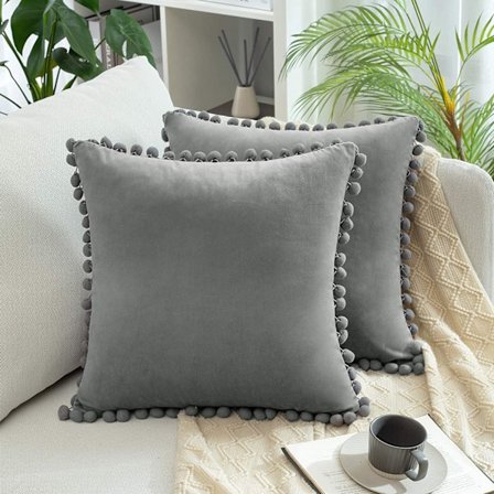 2-pack dekorativa kuddfodral, mjuka partiklar sammet enfärgade kuddfodral med pom-poms för soffa sovrum bil (20 x 20 tum, ljusgrå)