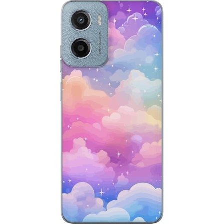 Kompatibelt Mobildeksel til Motorola Moto G05 Søt enhjørning med regnbuefarget hår mot en stjernebelagt pastellbakgrunn i kawaii-stil