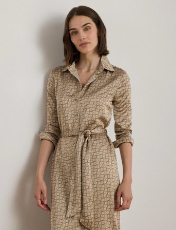 Lauren Ralph Lauren Geo-Print Satin Charmeuse Shirtdress - Beige - 34