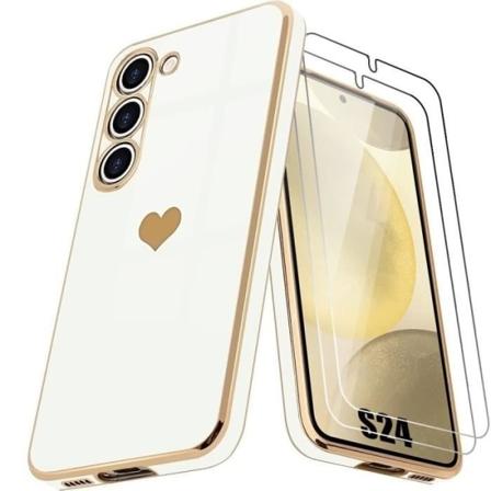 Etui til Samsung Galaxy S24 Hvidt hjertemønster + 2 hærdede briller Stødsikker anti-ridse Vit