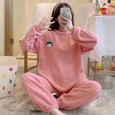 Rajat ylittävä syksy talvi flanelli paksu naisten söpö sarjakuva rento pitkähihainen pusero pyjama setti koti vaatteet Ins 13.6 pink balls XXL