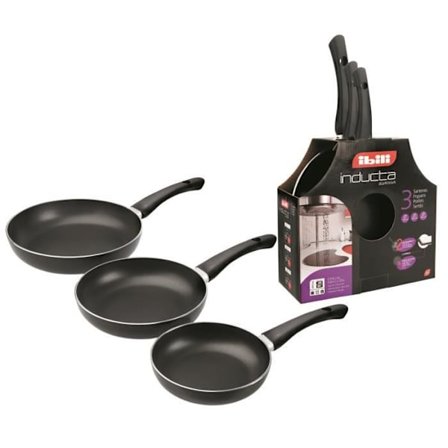IBILI - Set med 3 Inducta stekpannor, 18 + 20 + 24 cm, aluminium, non-stick, kompatibel med induktion