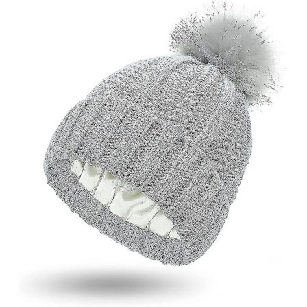 Strikket hue til kvinder med satinfor og pompon - Vintervarmerhue - Bubble Hat