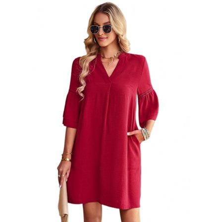 Puffärm Klänning Lös Flytande Miniklänning (Vinröd XL)