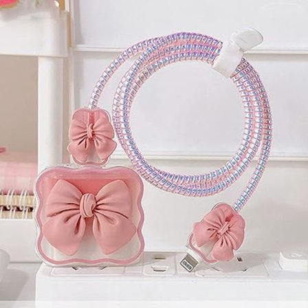 (Rosa) Kabelsladdare 18W/20W för iPhone-laddare, söt 3D-rosett kabelsladdare laddare med spiralsnöre och ändskydd, DIY USB-kabelsladdare