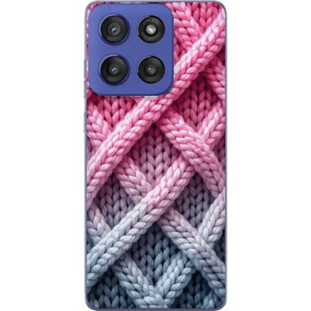 Yhteensopiva Puhelinkuori Motorola Edge 60 Stylus Lähikuva kudotusta tekstiilikuviosta vaaleanpunaisissa, harmaissa ja valkoisissa sävyissä, joissa