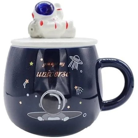 Rolig rumkrus, sød astronautkrus, kreativ UFO-krus med låg og ske, rumgave til interstellare astronomielskere 450 ml (D)