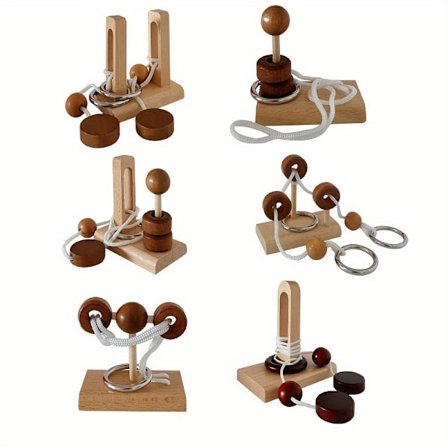 Kongming Lås - et 6-delt trætopologi puslespilssæt, et meget udfordrende hjernevriderlegetøj, med søjler og en serie [DB]