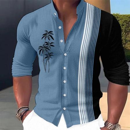 Fritidsstativ krage herrskjorta Bomull Linne Lös casual Fritidsskjortor Höstmode Män Kläder Strandstil Skjorta Toppar S96010944 L