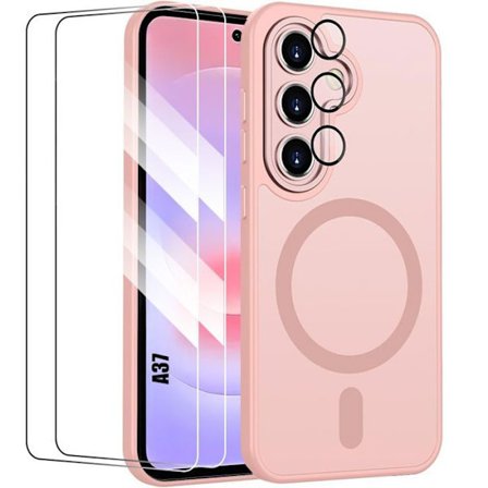 Cover til Samsung Galaxy A37 5G, med magnetisk ring og kameraglas - Rosa - 2 hærdede glas