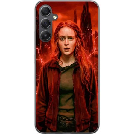 Kompatibelt Mobilskal till Samsung Samsung Galaxy A05s Porträtt av en ung kvinna med rött hår i en apokalyptisk landskap, röda blixtar och mörka