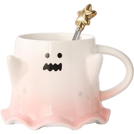 Halloween Spøgelse Keramikkrus, Nyhed Te-kop, 401-500ml Halloween Kaffekrus med ske - Uhyggeligt Spøgelse (Rosa) Pink