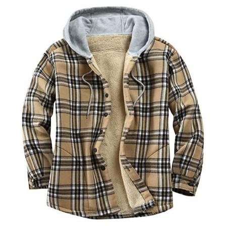 Män Rutig Långärmad Sherpa Hoodie Button Up Tjock Skjorta Jacka