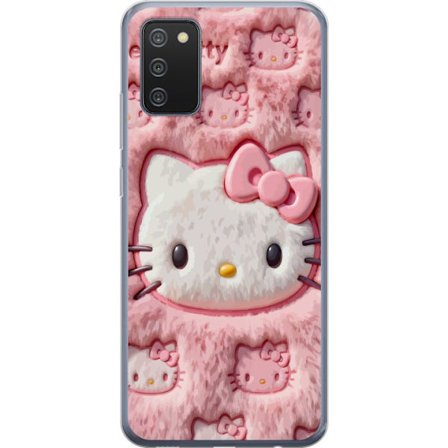 Kompatibelt Mobildeksel til Samsung Galaxy A02s Hello Kitty rosa fluffy bakgrunn med ikoniskt ansikt og kawaii-estetikk
