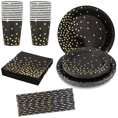 50 stk Festlig Servise Svart Gull Sett Tallerkener Servietter Kopper