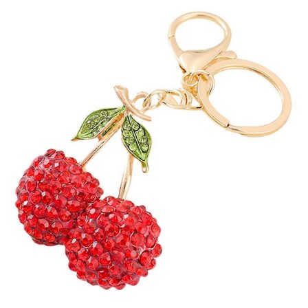 Söpö kirsikka-avaimenperä strassikivillä, laukkukoru, mansikka-avaimenperä naisille, käsilaukkutarvike, loistava lahjoihin - punainen