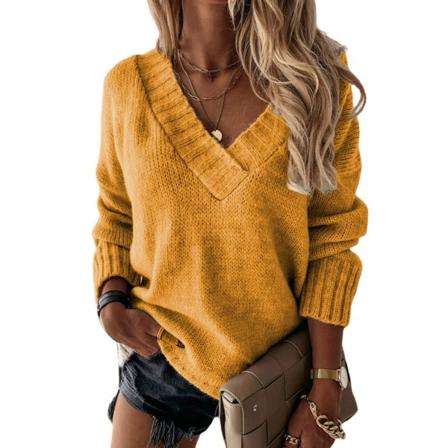 Damstickad Höst Vintertröja Enfärgad och V-ringad långärmad tröja Yellow L