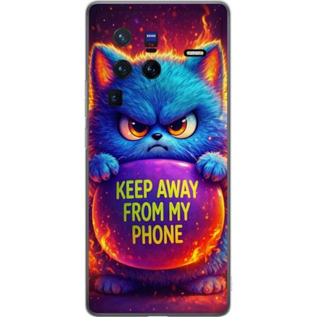 Kompatibelt Mobildeksel til vivo vivo X80 Pro Sinna lodne blå katt med teksten "Hold deg unna telefonen min" i neonfarger og ildlignende effekter, hu