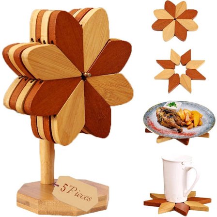 Underlag i tre, sammenleggbart stativsett med 5, anti-skåldematte, oppvaskstativ, miljøvennlig tre, vindmølledesign, bordbeskytter, kreativ gave