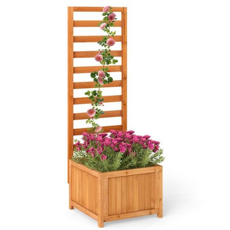 Utomhusplanteringskärl med Galler COSTWAY, Avvattningshål, 2 i 1 Upphöjd Trälåda för Klättrande Växter, Orange