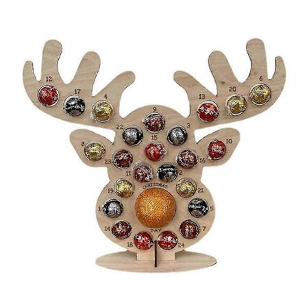 Adventskalender i tre for jul - Hjorteformet stativ med 24 hull for sjokolade- og godterivisning - Festlig partydekor