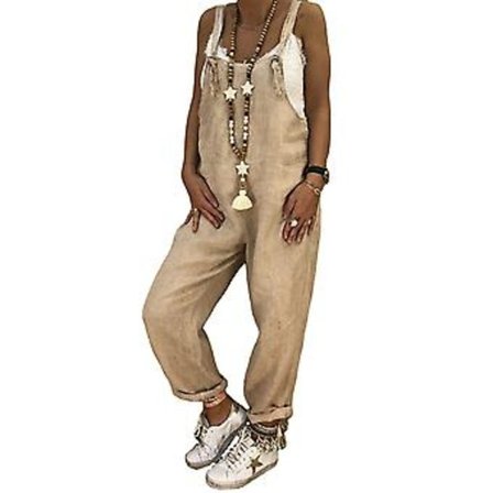 Dame vår sommer casual løse lange bib bukser jumpsuits baggy bomullslin look rompers overalls bukser pluss størrelse (3XL khaki)