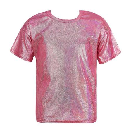 Børn Piger Glitrende metallisk skinnende T-shirt Drenge Kortærmede Løs T-shirt til Jazz Hip Hop Dansekostume Sceneforestilling rose Red 150