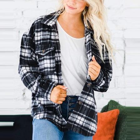 Kvinnor Pläd Ylle Öppna Front Button Down Lapel Neck Jackor