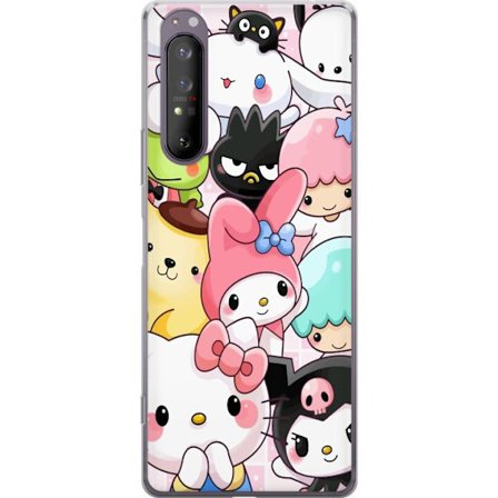 Kompatibelt Mobildeksel til Sony Xperia 1 II Tett mønster av søte figurer med store øyne i ulike farger og uttrykk med LABUBU-tekst