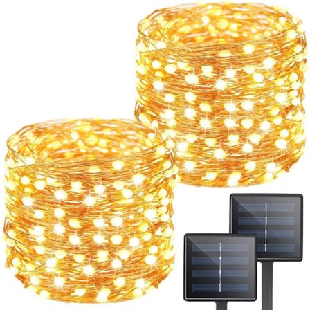 Solcellslingor, 2-pack 100 LED utomhus solcellslampor, 65,6 fot total längd, vattentät koppartråd, 8 lägen, varmvit