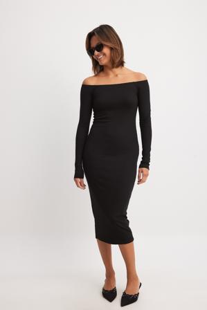 NA-KD Basic Ribbad midiklänning med bara axlar - Off shoulder klänningar - Svart - Large