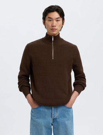 Selected Slhdane Ls Knit Structure Half Zip Noos - Brown - XL