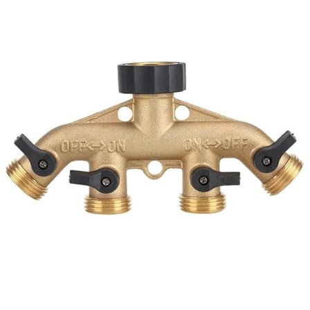 4-vägs slangfördelare i massiv mässing, med avstängningsventil, kran och utlopp, använd upp till 4 slangar samtidigt.