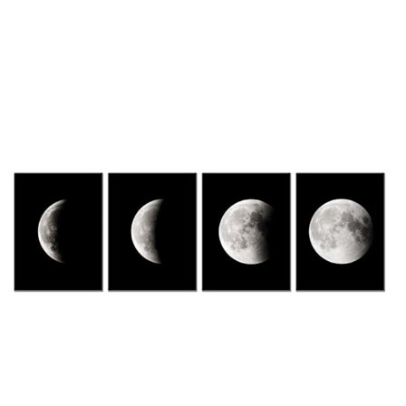 Mustavalkoinen kuu olohuoneen seinälle ripustettava maalaus, 4-osainen luna-sarja