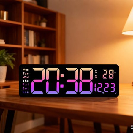 16-tommers veggmontert vekkerklokke, digital klokke med timer og alarmfunksjon, stor LED-skjerm, RGB-farge.