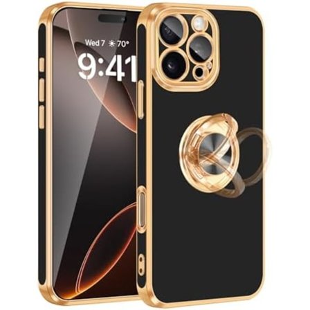 iPhone 16 Pro Max Cover [med 360° roterbar ringholder][Støtte til magnetisk bilholder] Skinnende forgyldt tynd blød TPU